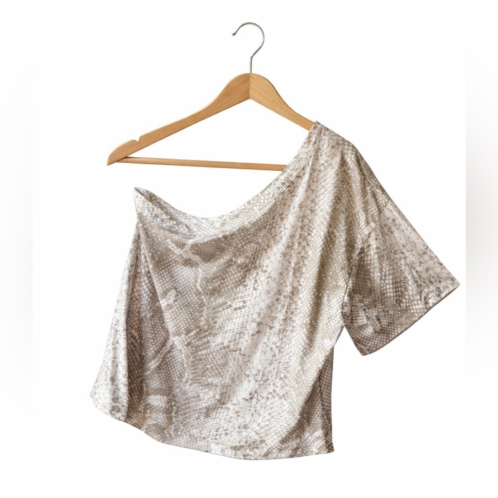 Fantastic Fawn Beige Snakeskin One Shoulder Top NWOT Large Party Blouse